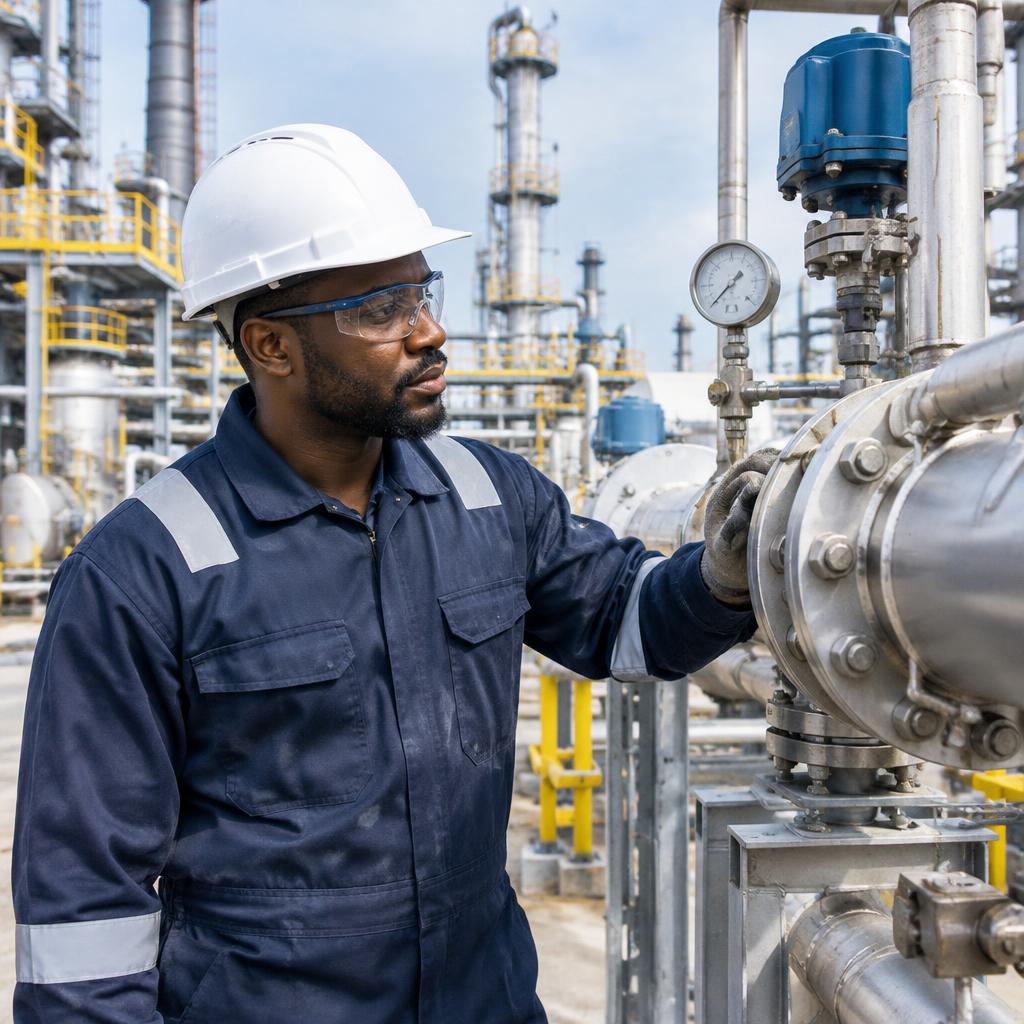 Nigerian engineer inspecting gas plant piping