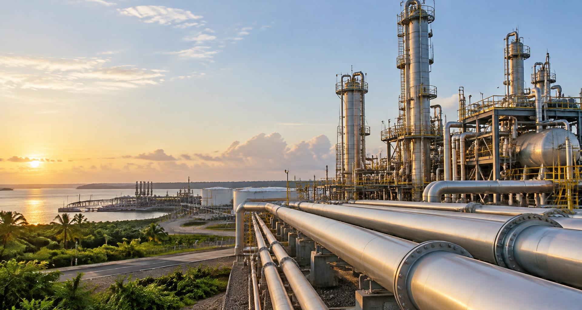 Gas processing infrastructure and pipelines at sunset